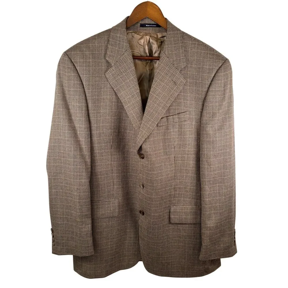 VTG Chaps Ralph Lauren Men’s 42L Silk Wool Blazer Tan Houndstooth Union Made EUC